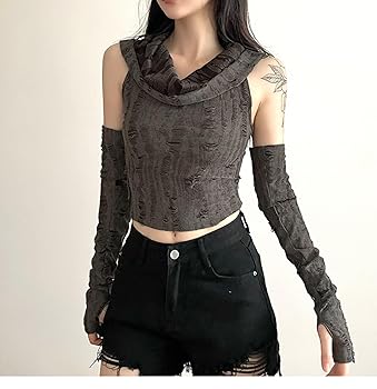 QJK Hooded Tops Off Shoulder Tops Hooded Shirt Tight Top